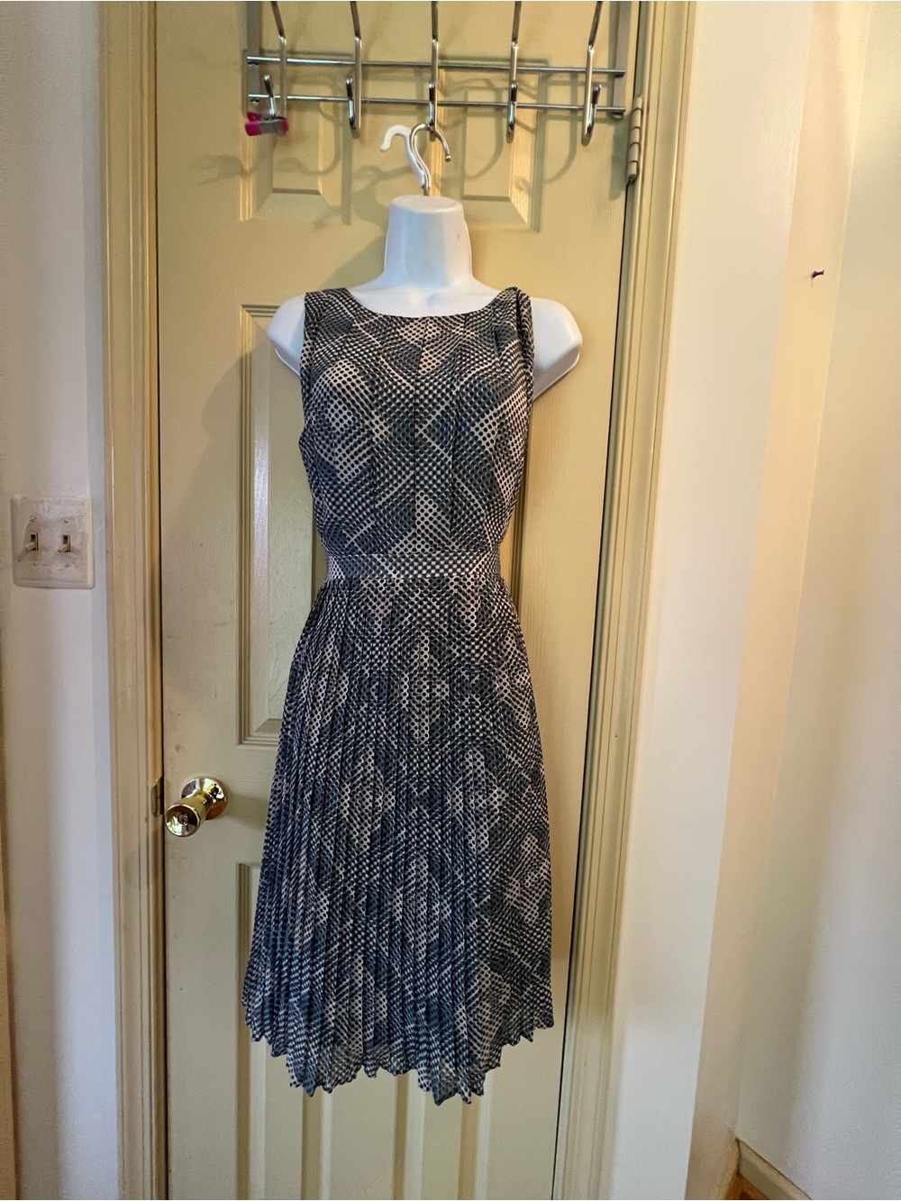 Vertigo Paris Navy & White Geometric Pleated Midi Dress with Scoop Neck
